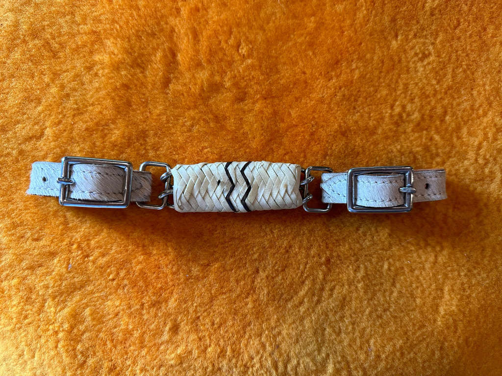 Leather Curb With Braided Raw- Hide, Hair-On Cow-Hide Over Double Row Chain And Two Ss Buckles