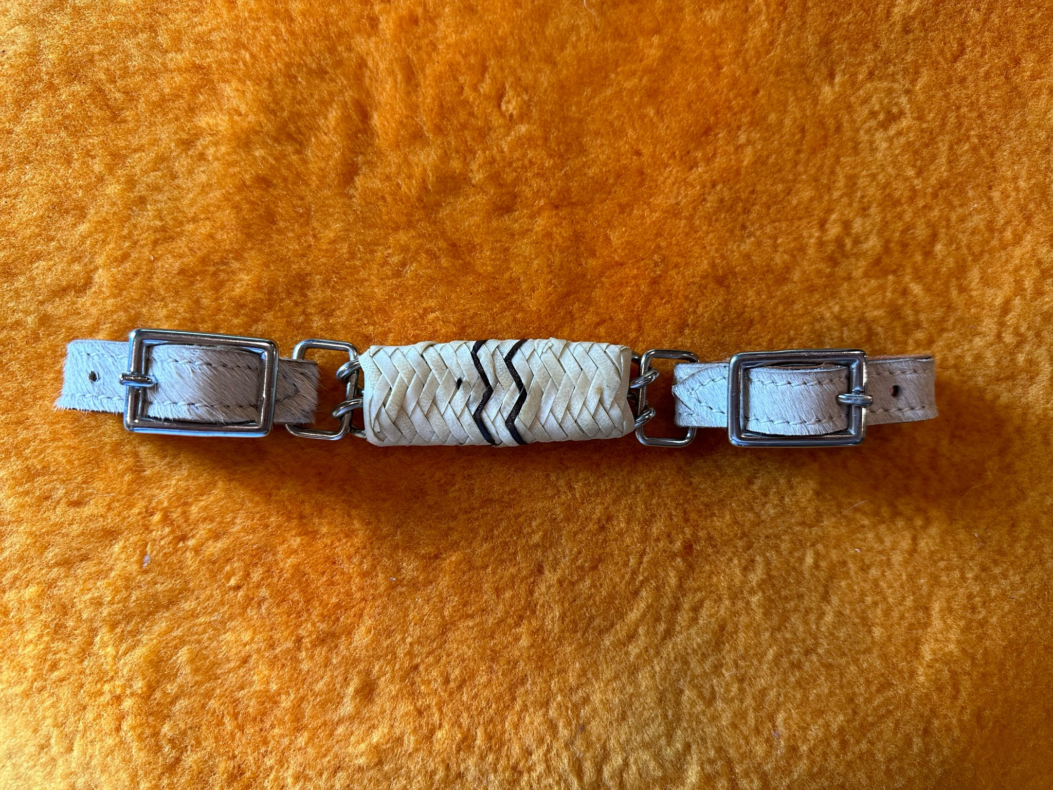 Leather Curb With Braided Raw- Hide, Hair-On Cow-Hide Over Double Row Chain And Two Ss Buckles
