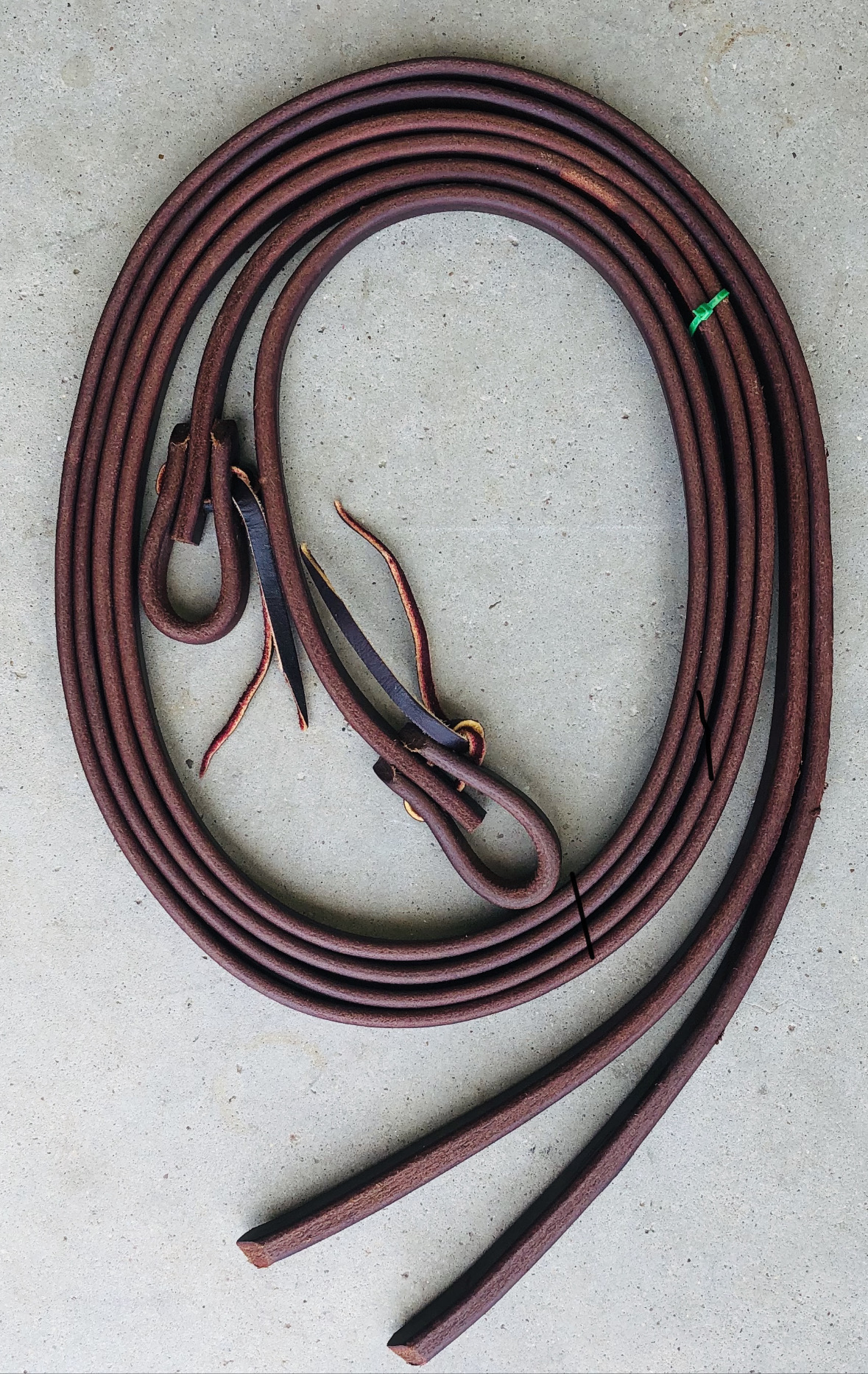 Premium Leather Split Reins With Water Loop Closure Weighted Bit Ends & Bottoms In Finish 8’ Length In Two Widths Available