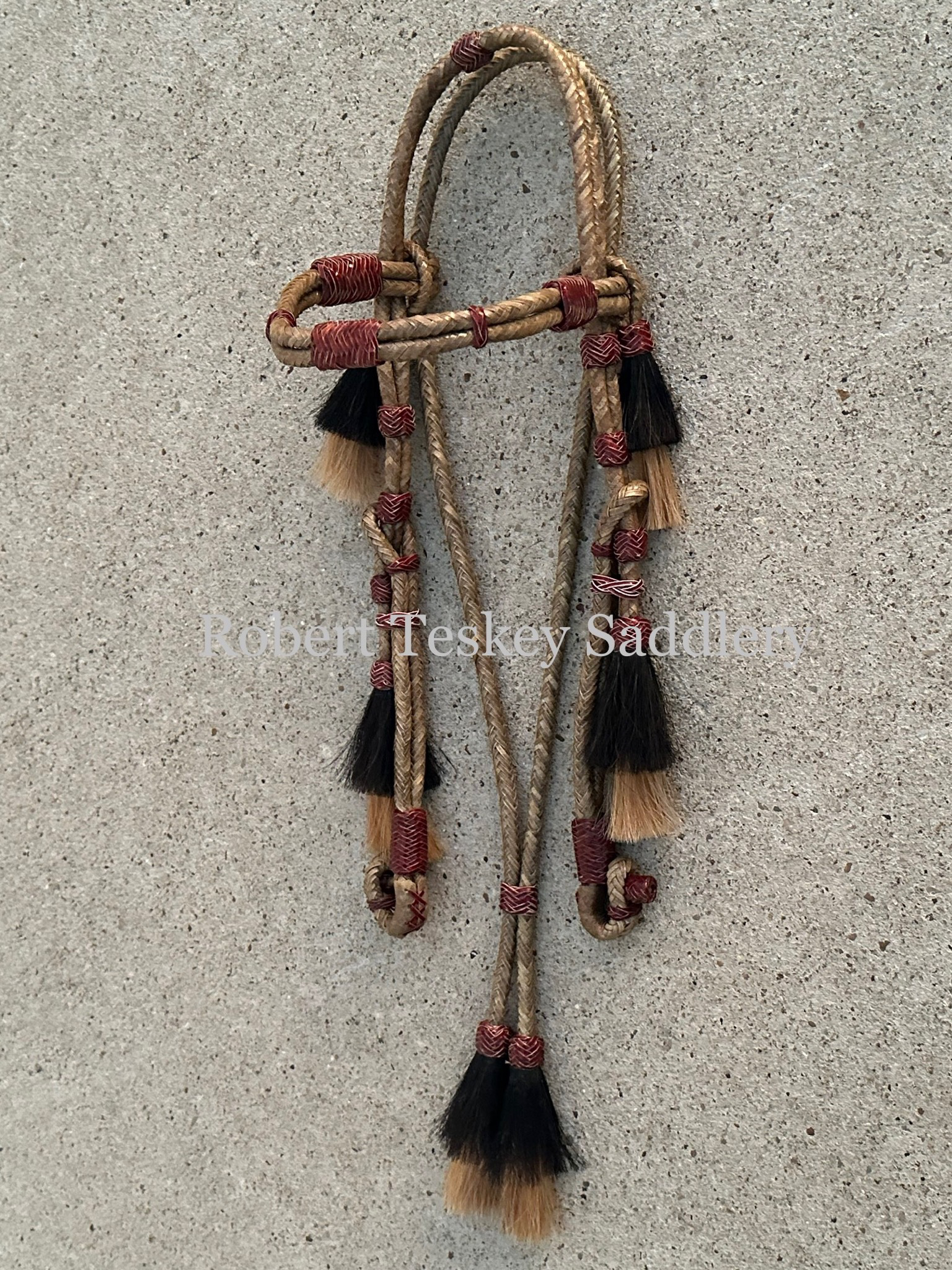 Browband Headstall In Braided Rawhide Latigo Red Knots And Bit End Loops With Blonde & Tassels