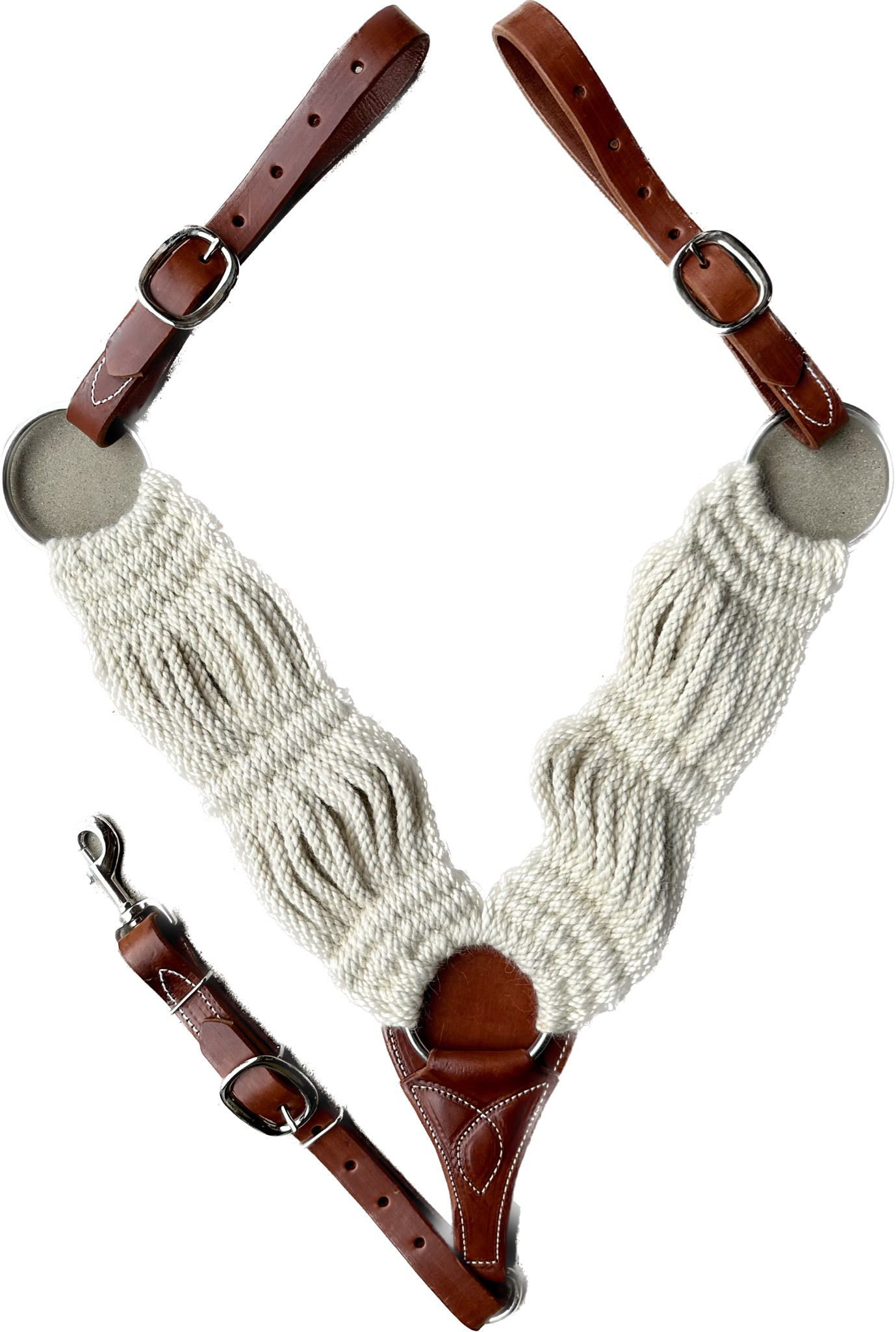 Breast Collar With Double Ply 16 Strands Natural Mohair Shoulder Pieces And Latigo Leather Tugs