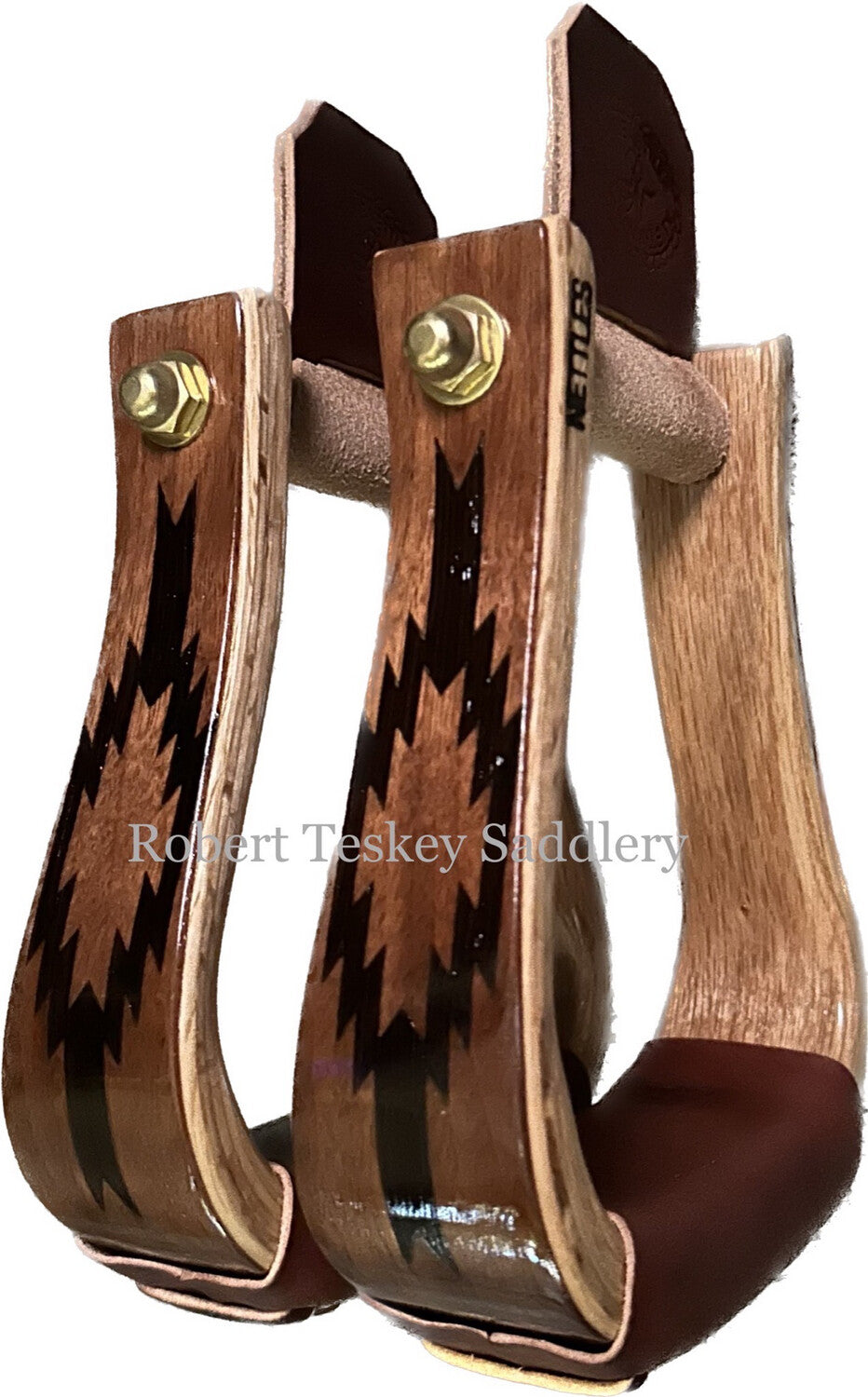 Premier Line The Flat Bottom Ronnie Nettles Stirrups with 2- inch Tread Width on Varnished Finish Base and Custom Aztec Inlay on Walnut Stain Finish