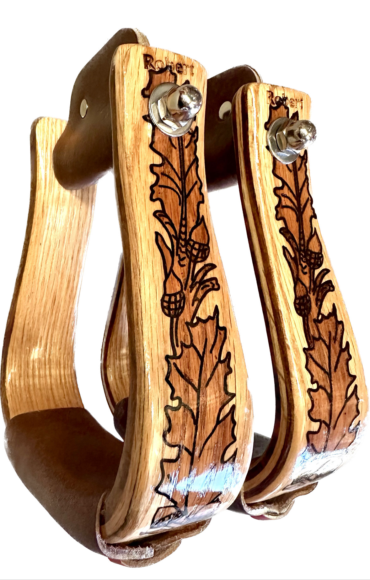 Robert Teskey Wood Bell Stirrups With Tread Width With Hand Painted Oak Leave Garland In