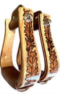 Robert Teskey Wood Bell Stirrups with 2- inch Tread Width with Hand Painted Oak Leave Garland in Light Finish
