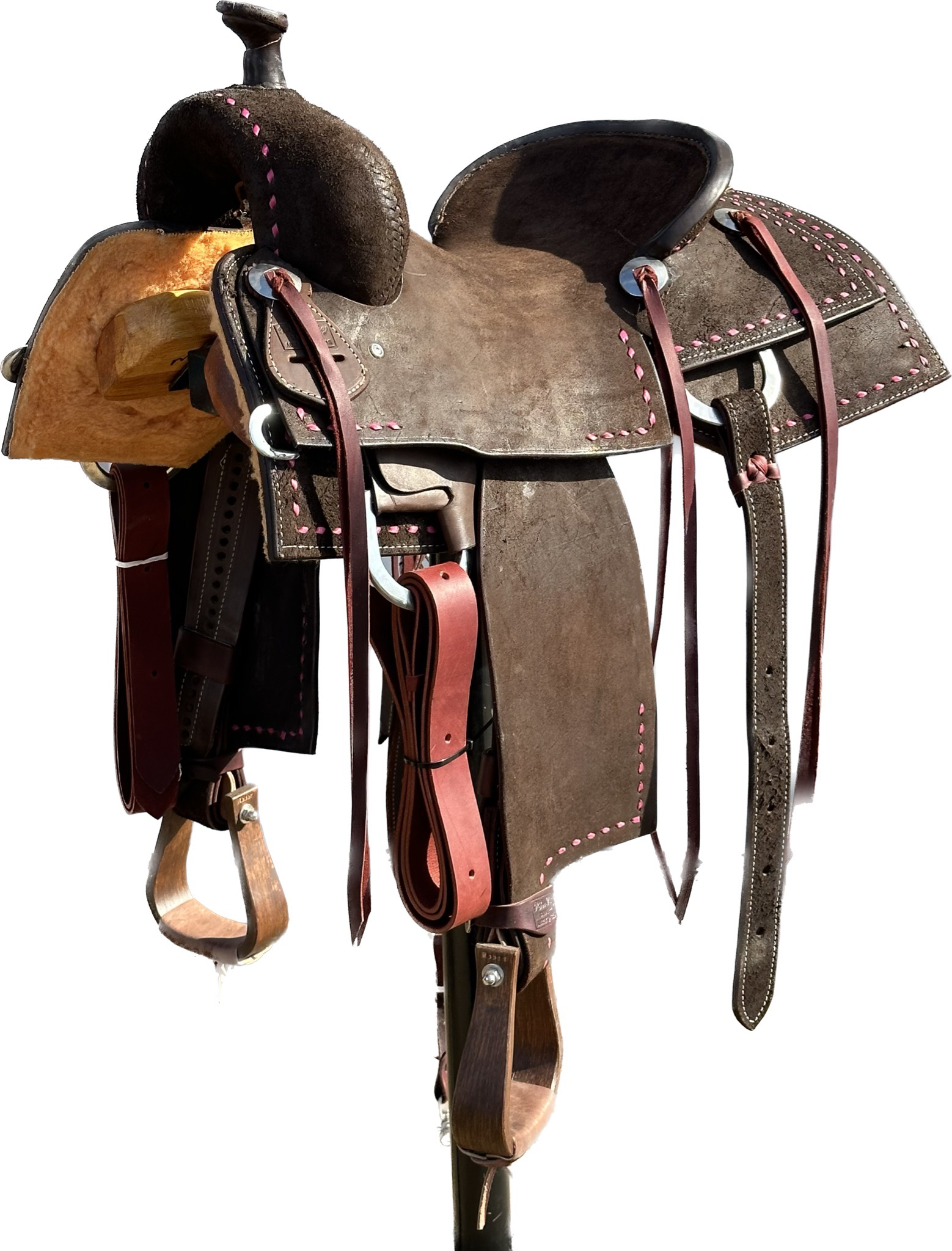 Robert Teskey Ranch Cutter with a 15- inch Rough Out Seat in Dark Chocolate Brown Finish with Magenta Buck Stitch