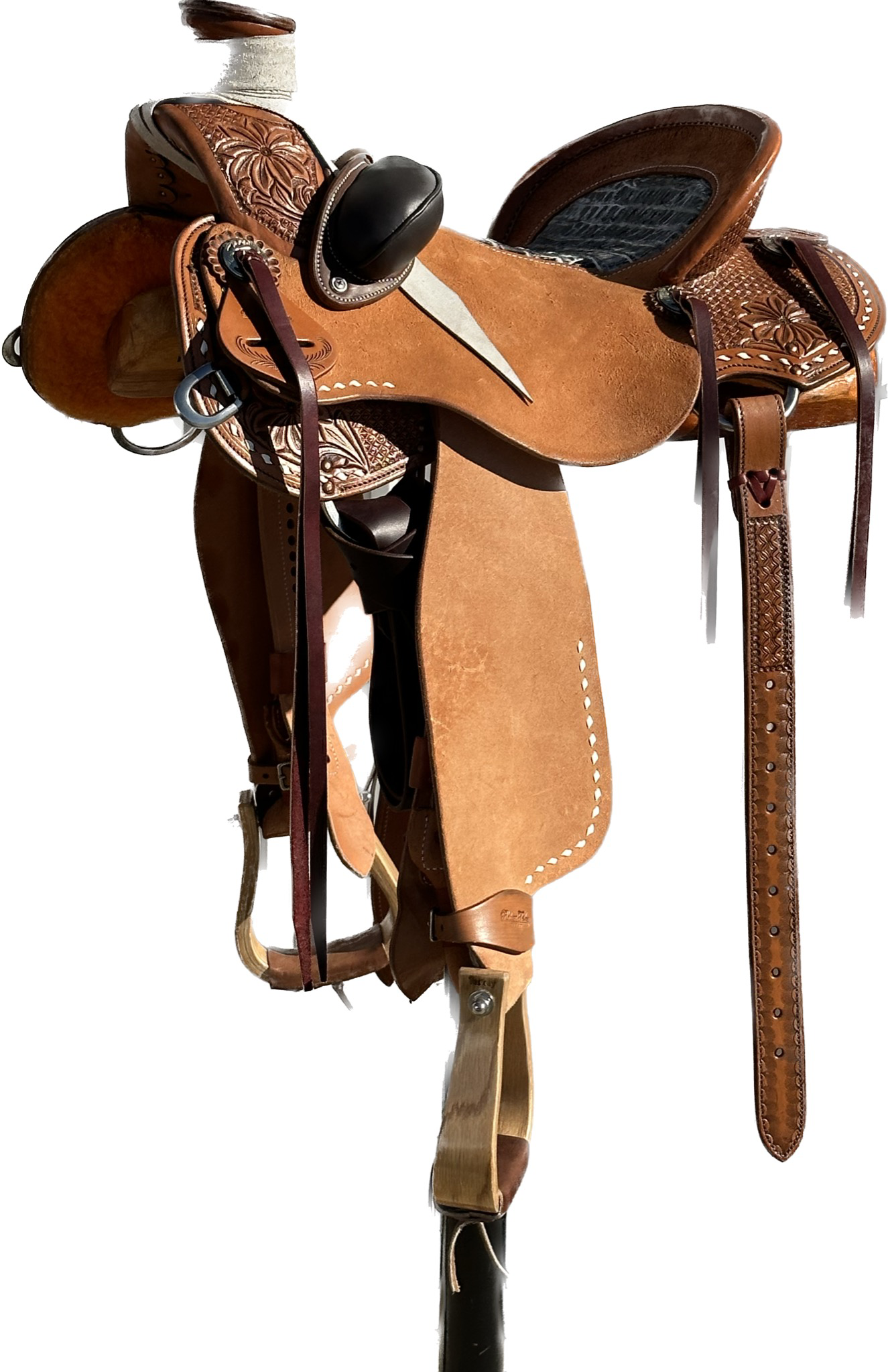 Robert Teskey Elite Wade Roping Horse Saddle with a 16- inch Pattern Inlay & Rough Out Seat Combination in Chestnut Finish with Buck Stitch Detail 271224