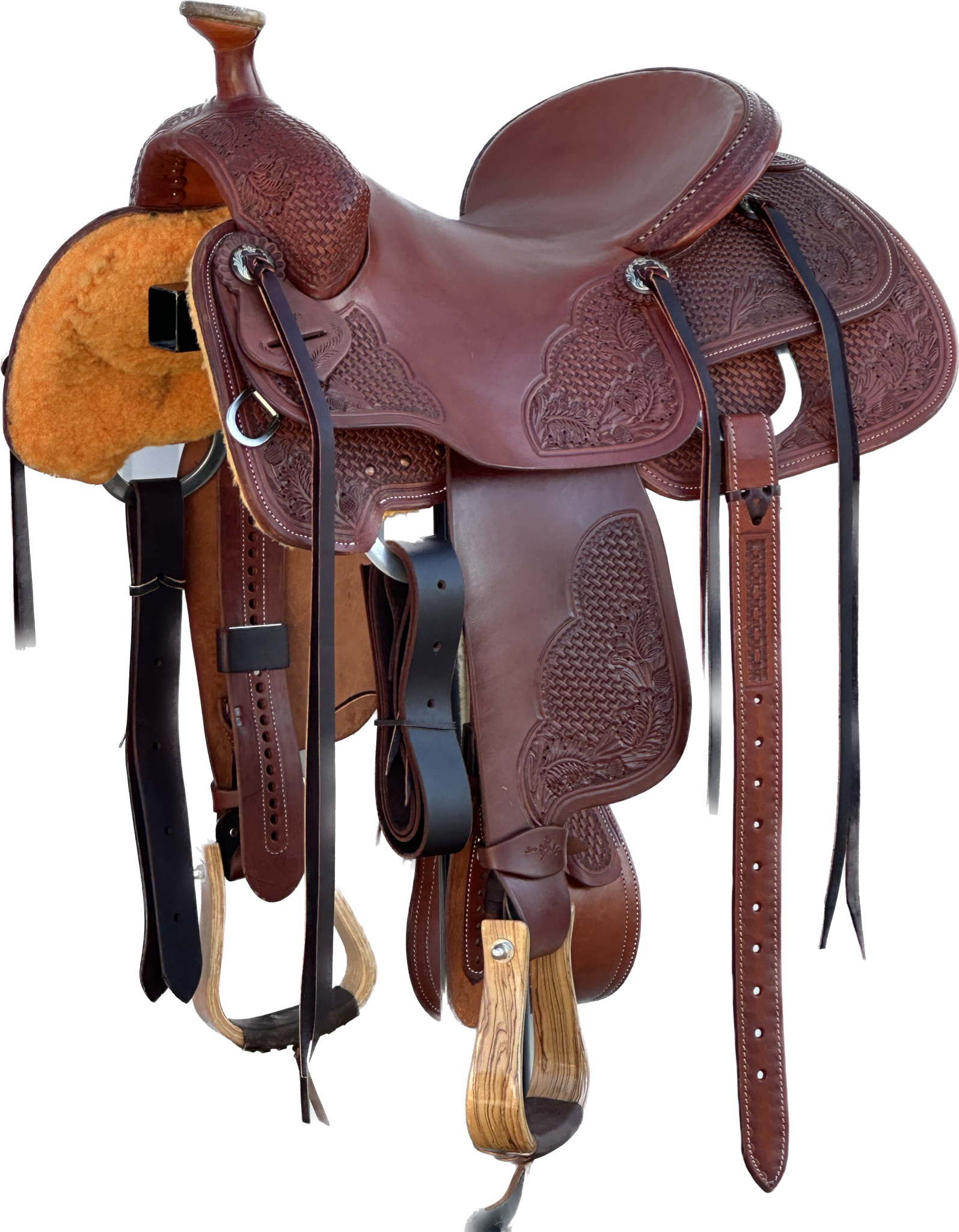 Stuart Rybak Ranch Roping Saddle with a 15 1/2- inch Slick Out Seat in Medium Finish Chestnut 030125
