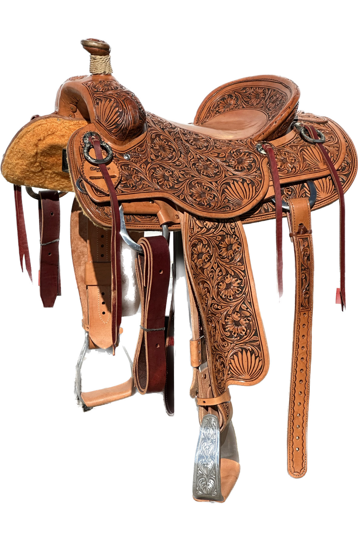 Robert Teskey Elite Roping Horse Saddle with a 16- inch Slick Out High Back Seat in Medium Finish Full Hib. 030125