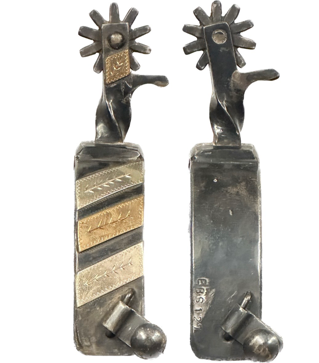 Ebs 127 Men’S Western Spurs With A Width Band Antiqued Steel With Gold And Silver Bar Trim On Band & Twisted Shank With Gold Bar Trim And 10 Point Rowels