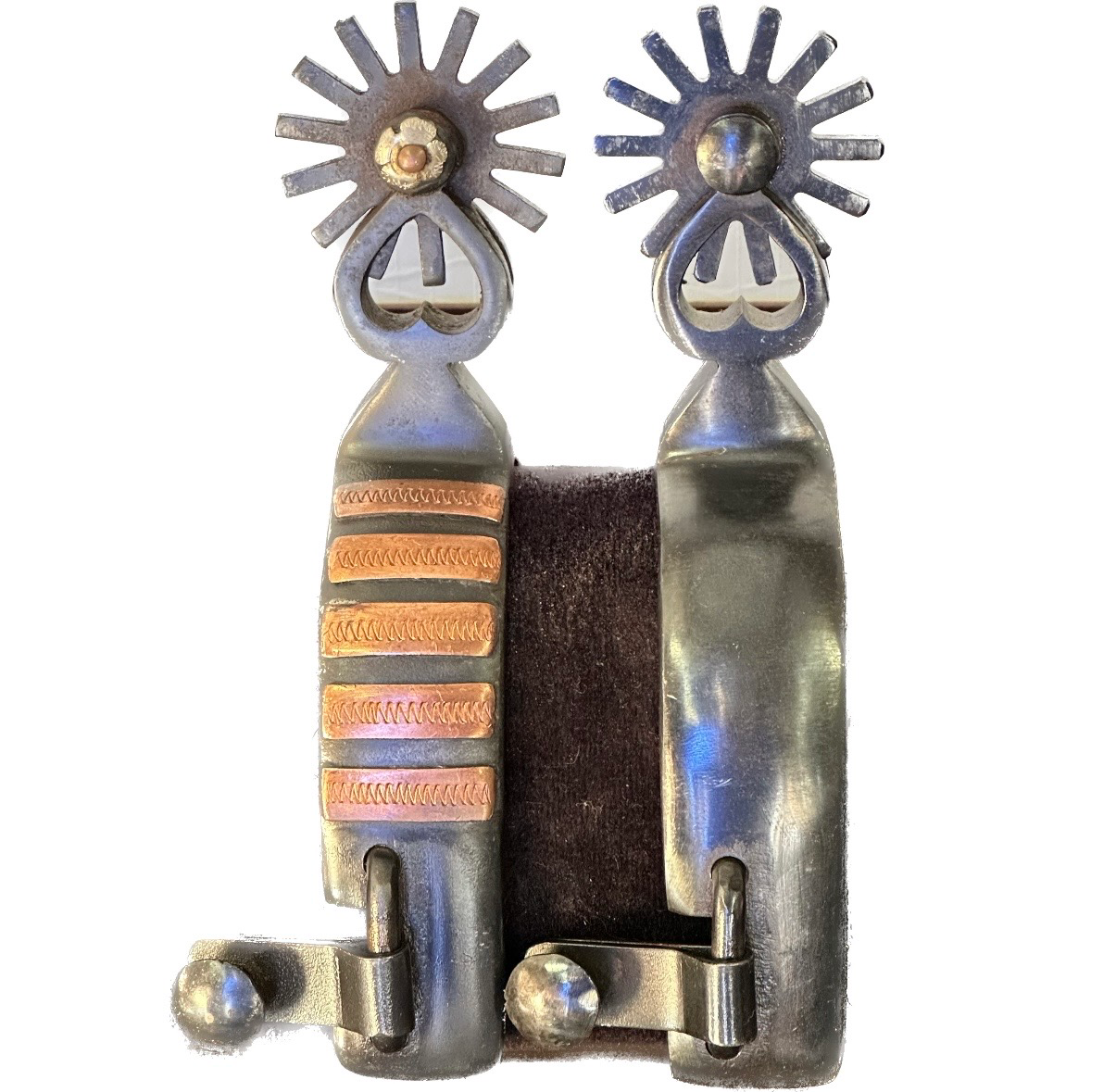 Men’S Western Spur With Stainless Steel Band Width, Copper Bar Trim On Band And Heart Shape Shank With 14 Point Rowel 011325
