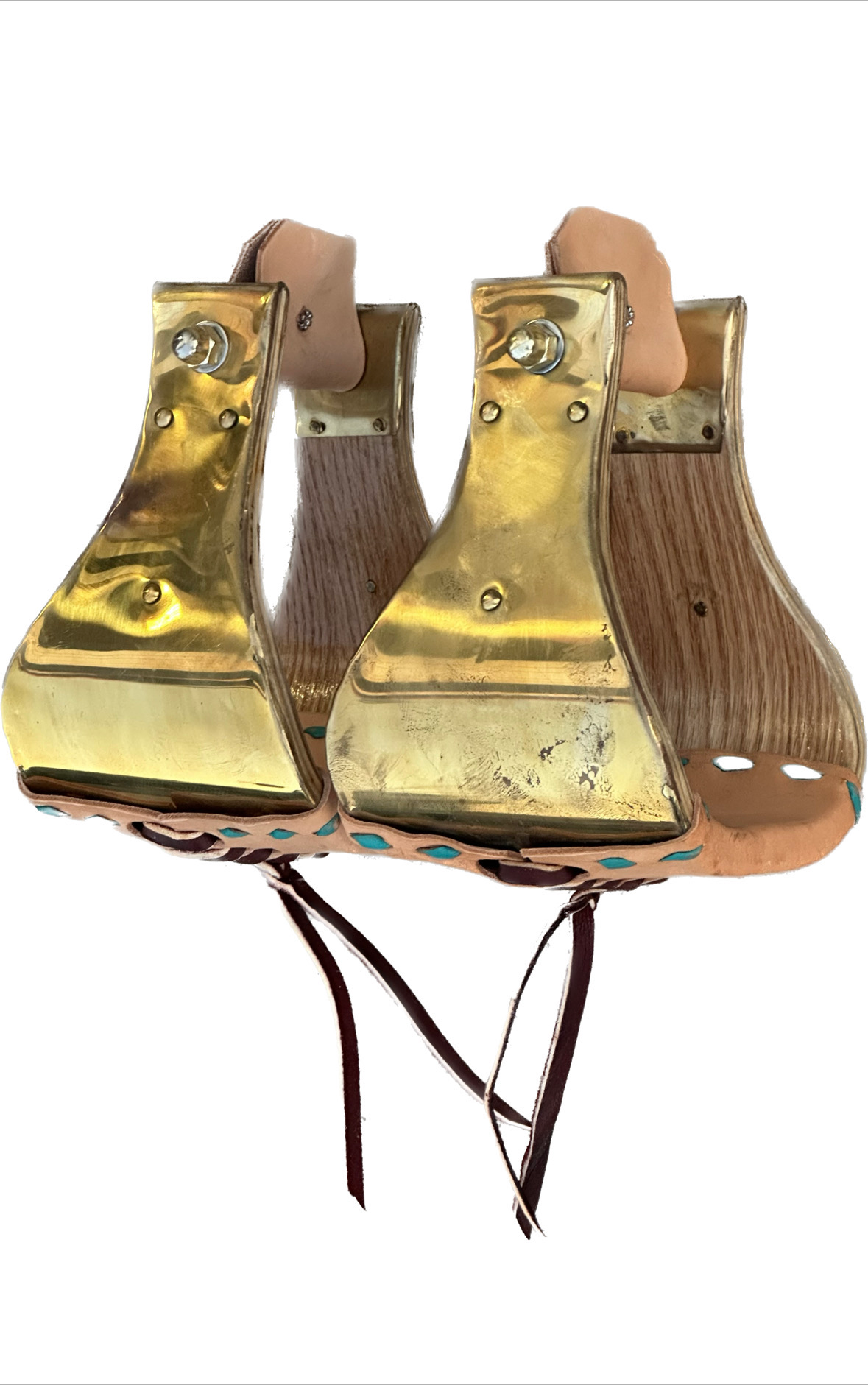 Monel Stirrups Brass Finish With Buck Stitch Leather Wrapped Treads Available In Two Tread Widths