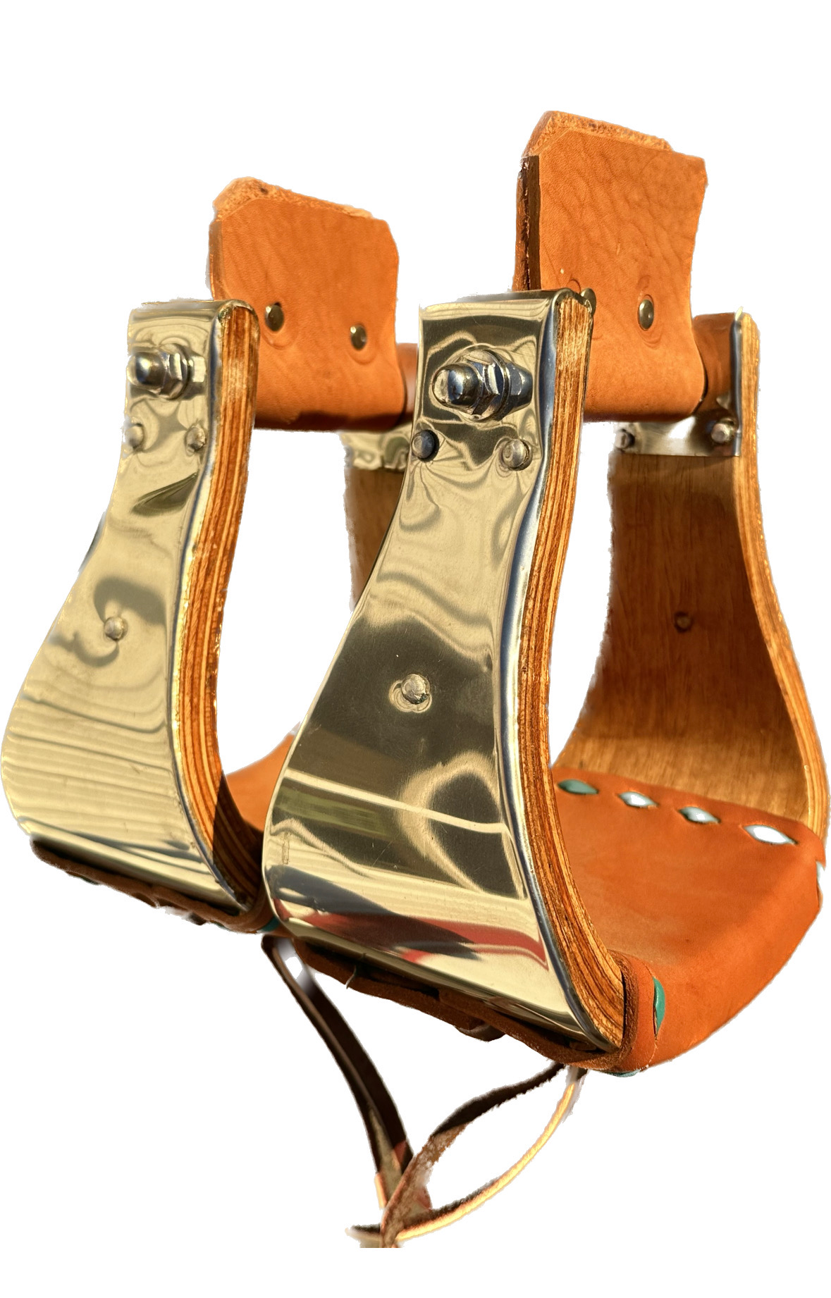 Monel Stirrups Stainless Steel Finish With Buck Stitch Leather Wrapped Treads