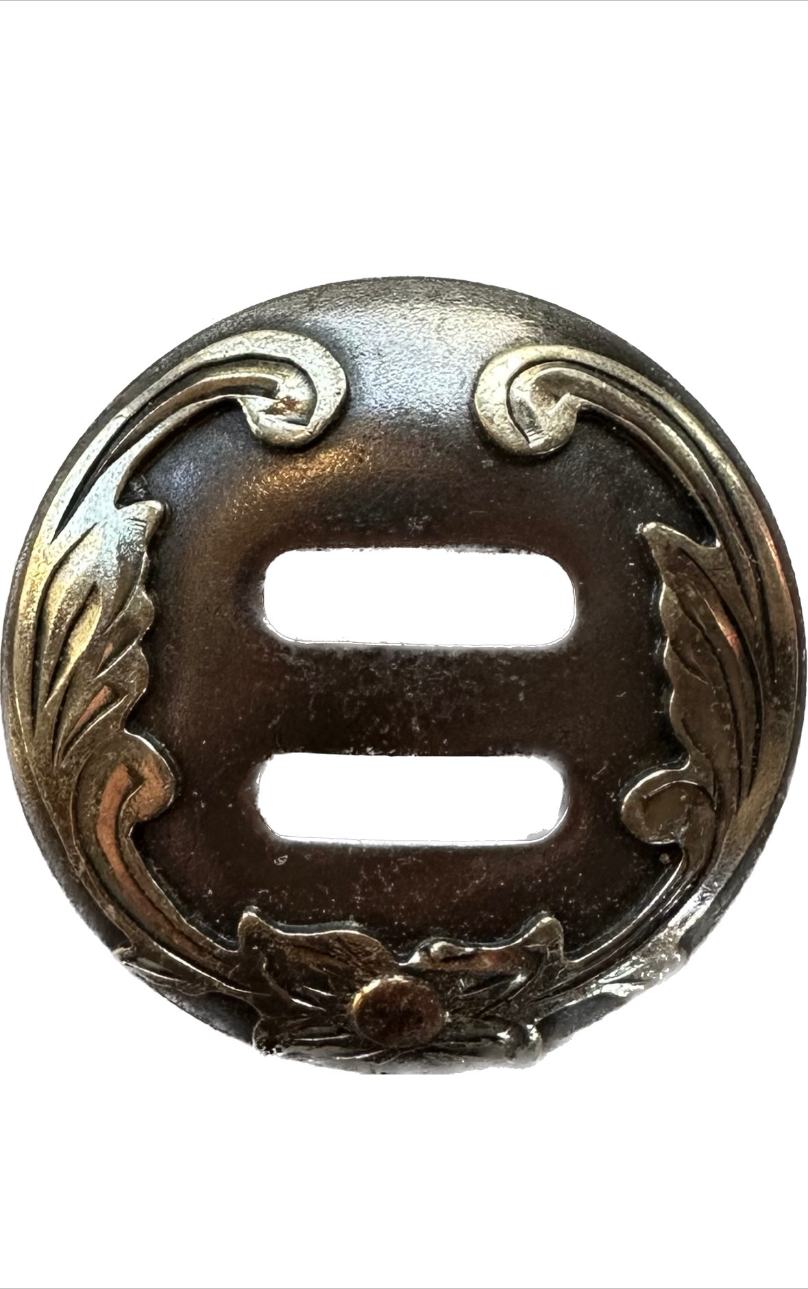 Slotted Concho Gun Metal With Floral German Sliver Trim One Copper Dot Blossom On Bottom Double Vine & Scroll