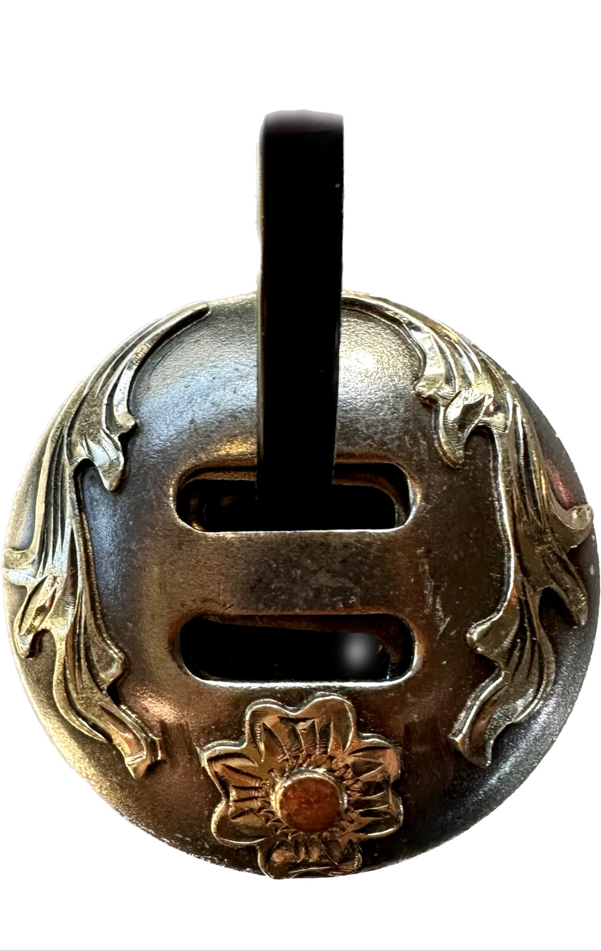 Set Of 6 Slotted Conchos In Gun Metal With German Silver Trim One Copper Blossom & Double Vine