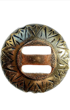 Slotted Concho Gun Metal With Floral German Sliver Trim One Copper Dot Blossom On Bottom Double Vine & Scroll