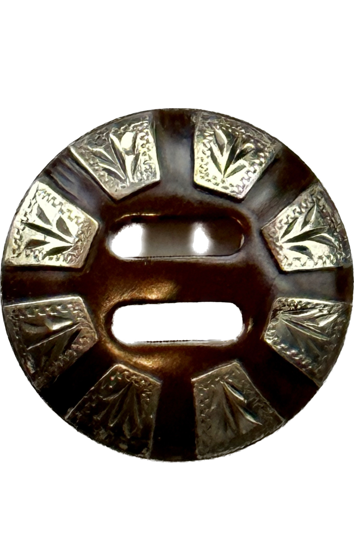 Slotted Concho In With German Silver Trim Eight Foliage Engraved Bars