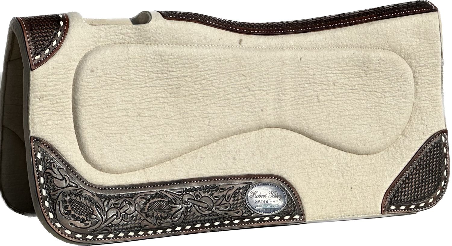 Robert Teskey Premium Moisture Wicking Felt Pad with Dark Oil Fully Tooled Wear Leathers, Contoured Top Line with Tan Buck Stitch Border in Tan 012225TBST