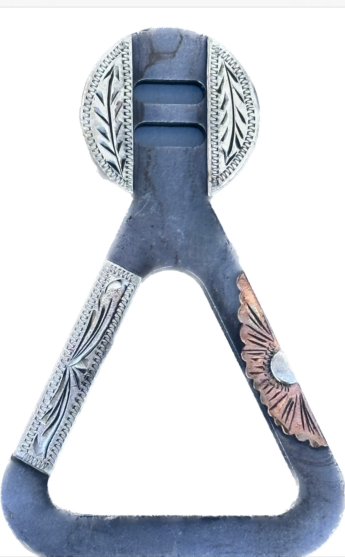 Saddle Keeper In Gun Metal With German Silver & Copper Trim Floral & Bars 012425