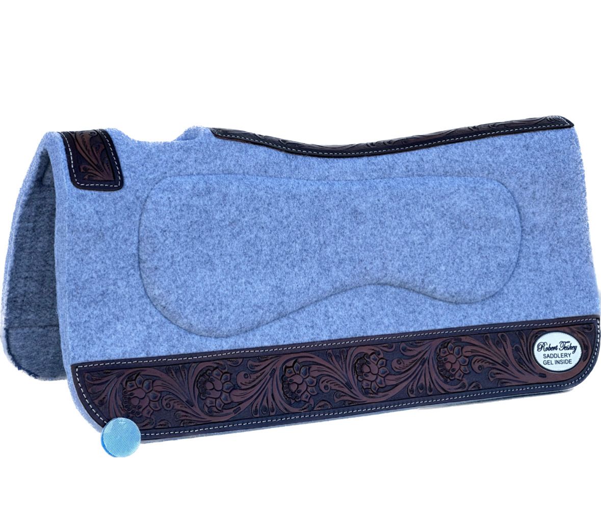 RT Gel Felt Pad with Fully Foliage & Blossom Tooled Wear Leathers in 1- inch Thickness in Light Grey 012425