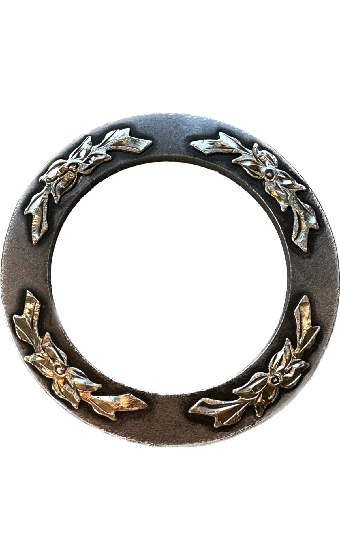 Saddle Ring In Gun Metal With German Silver Trim Eight Bars