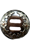 Slotted Concho With German Silver Trim Open On Top Wreath Circle With Two Copper Dot Blossoms 012425