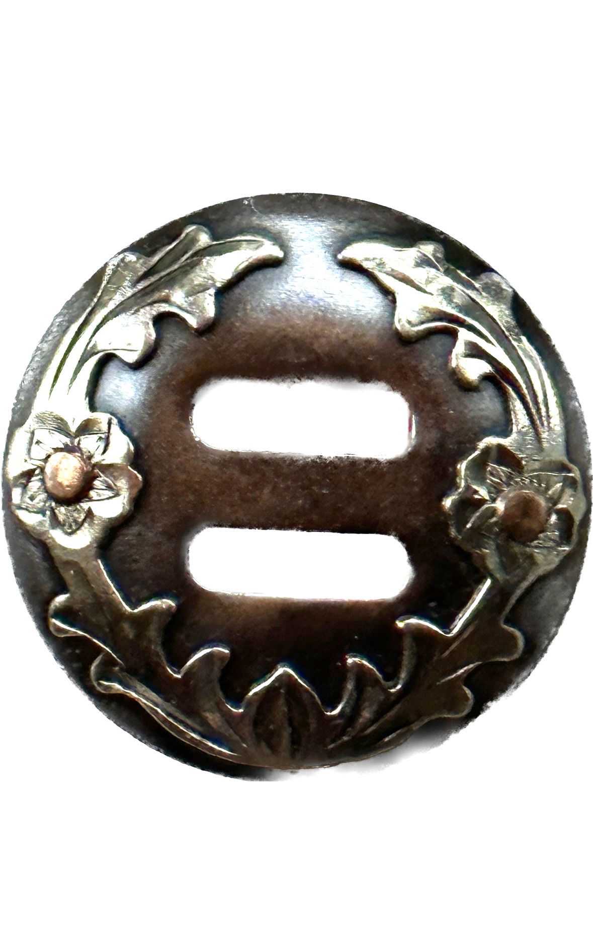 Slotted Concho With German Silver Trim Open On Top Wreath Circle With Two Copper Dot Blossoms 012425