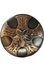 Chicago Style Concho In Gun Metal With German Silver & Copper Tone Trim Five Petal Center Blossom With Five Concave Leave Borders 012725