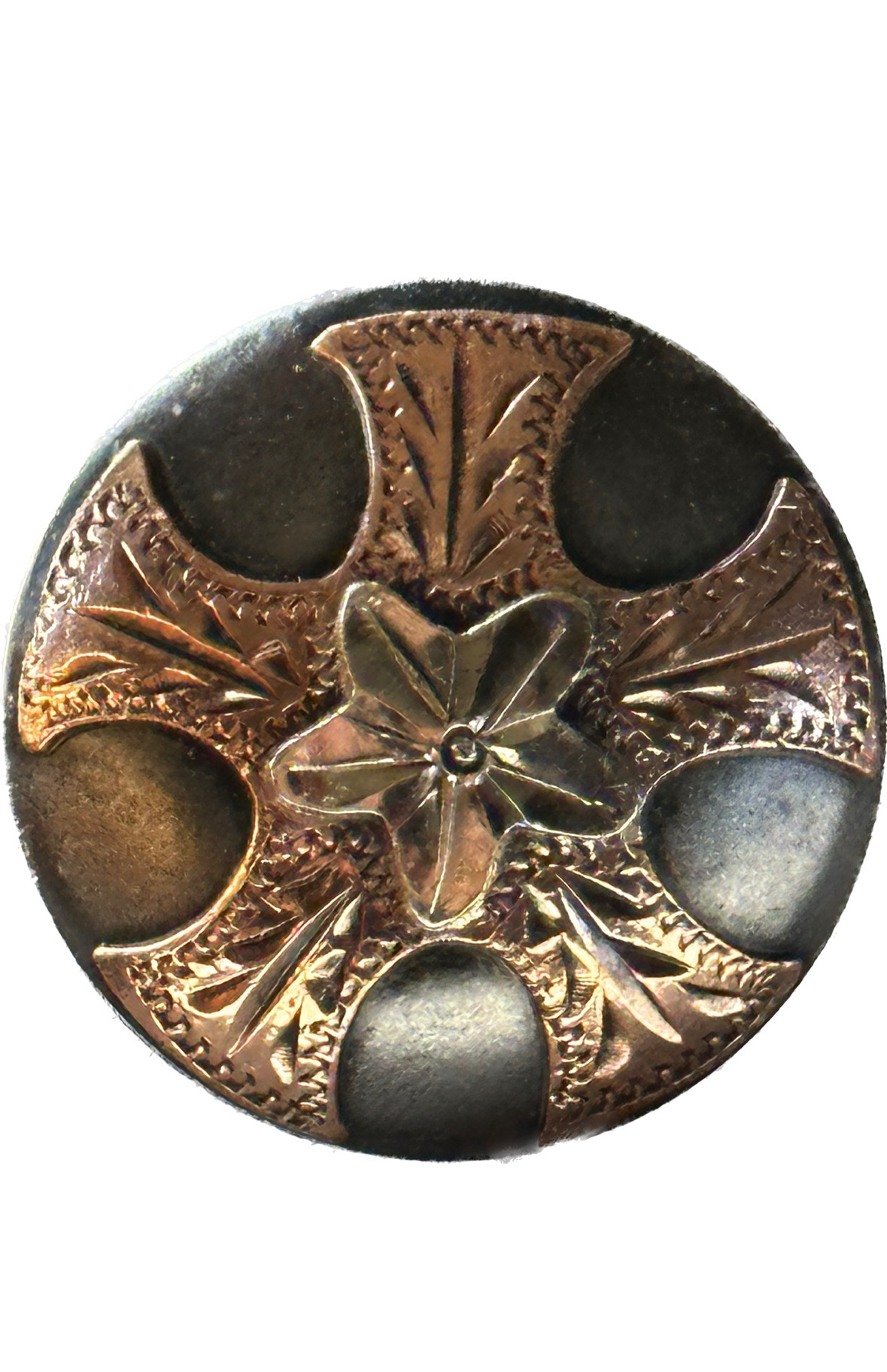 Chicago Style Concho In Gun Metal With German Silver & Copper Tone Trim Five Petal Center Blossom With Five Concave Leave Borders 012725