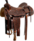 Robert Teskey Elite CowHorse Saddle with a 16- inch Slick Out & Partially Tooled Seat in Medium Finish Fully Tooled Floral With Leave Scroll 020625