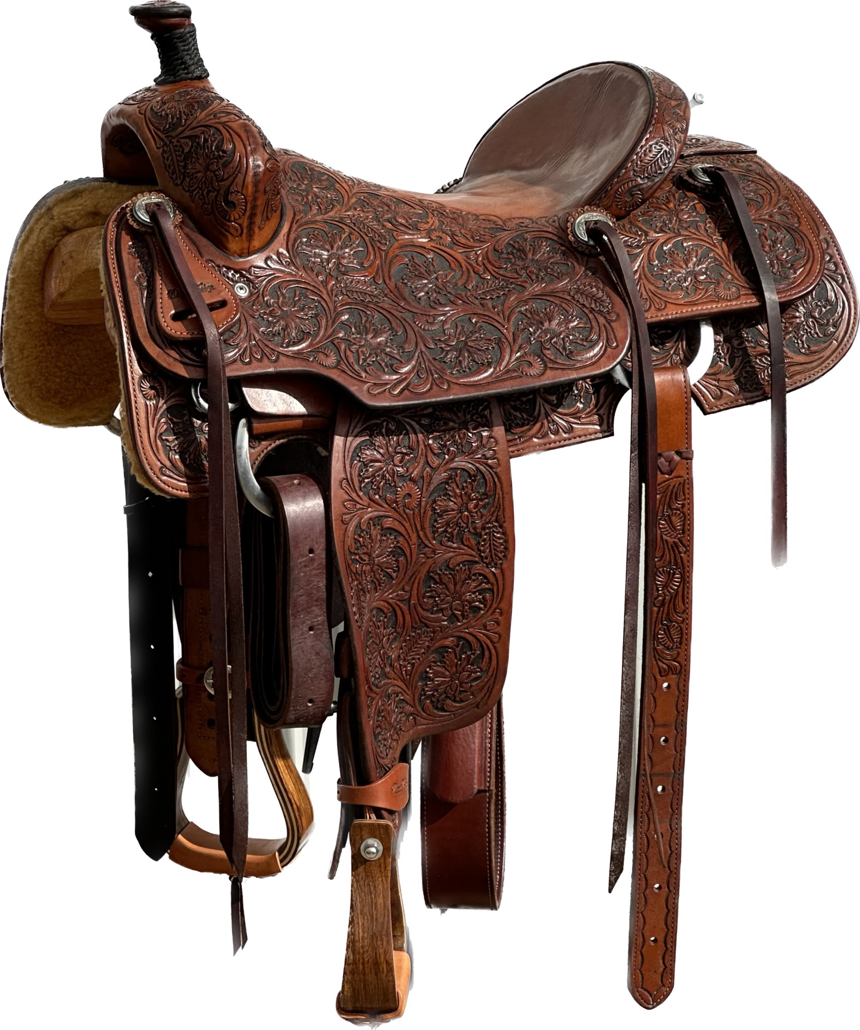 Robert Teskey Elite CowHorse Saddle with a 16- inch Slick Out & Partially Tooled Seat in Medium Finish Fully Tooled Floral With Leave Scroll 020625