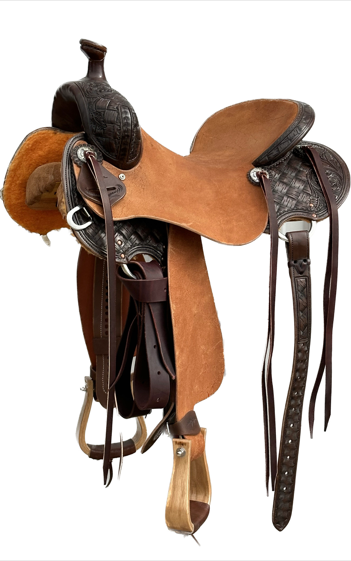Stuart Rybak Ultra Light CowHorse Saddle with a 15 1/2- inch Rough Out Seat in Dark Finish Interlace 021425