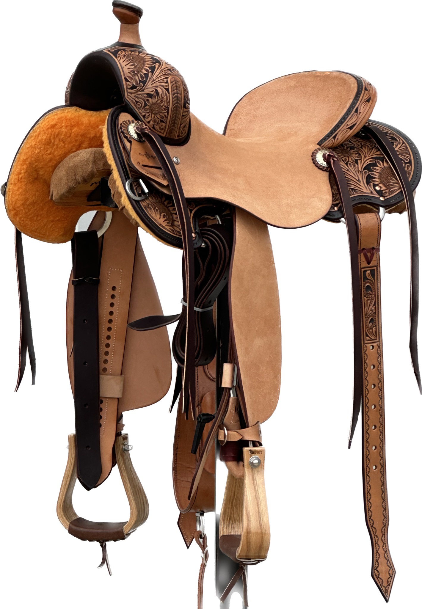 Stuart Rybak CowHorse Saddle with a 15- inch Rough Out Seat in Light Finish Sun 022125