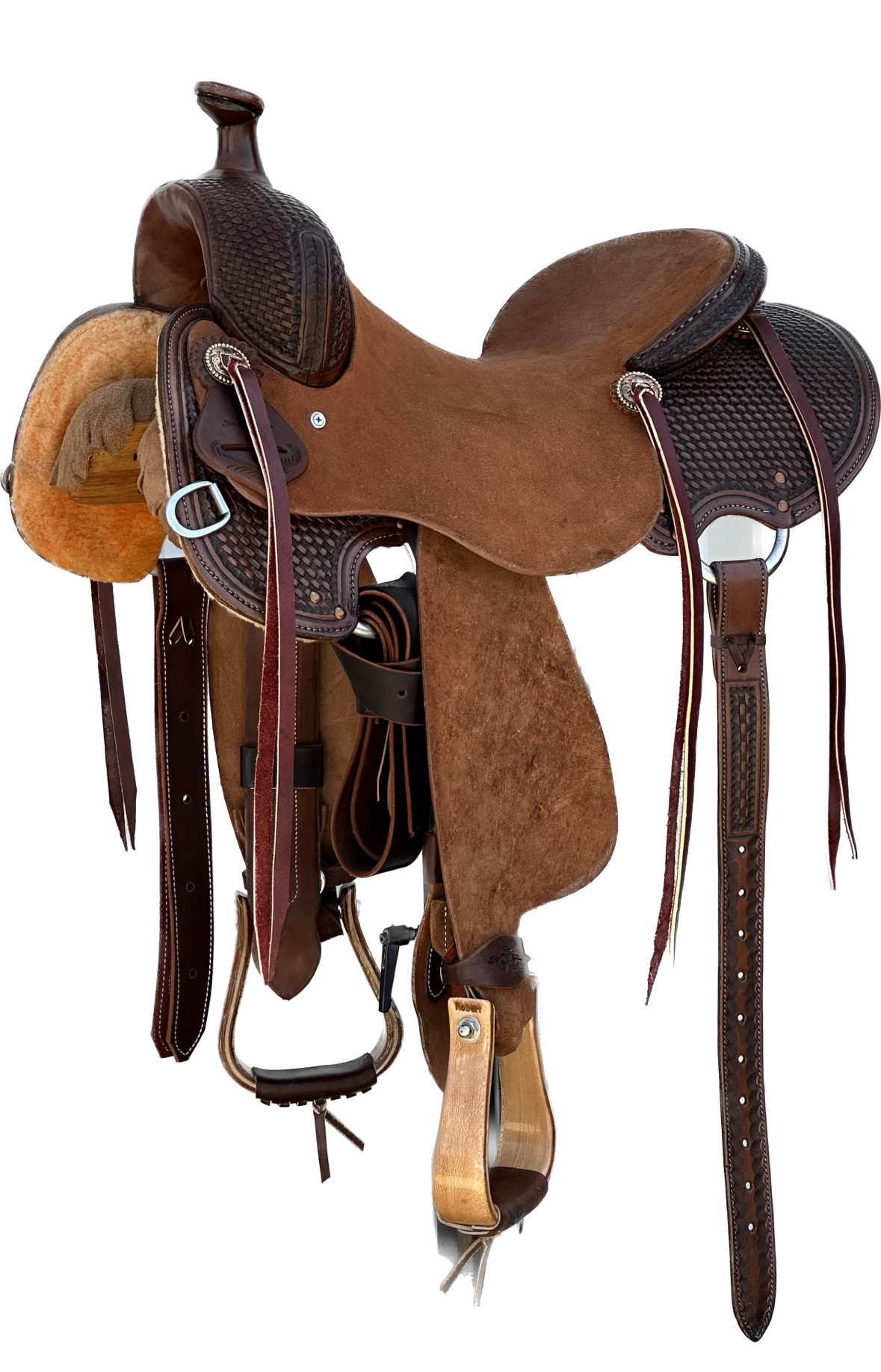 Stuart Rybak Ultra Light Cow Horse Saddle with a 15- inch Rough Out Seat Dark Basket Weave 032225