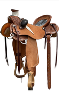 Robert Teskey Ultra Light Ladies Wade Saddle with a 16- inch Embossed Inlay Seat & White Buck Stitch Border in Medium Oil Finish 040225