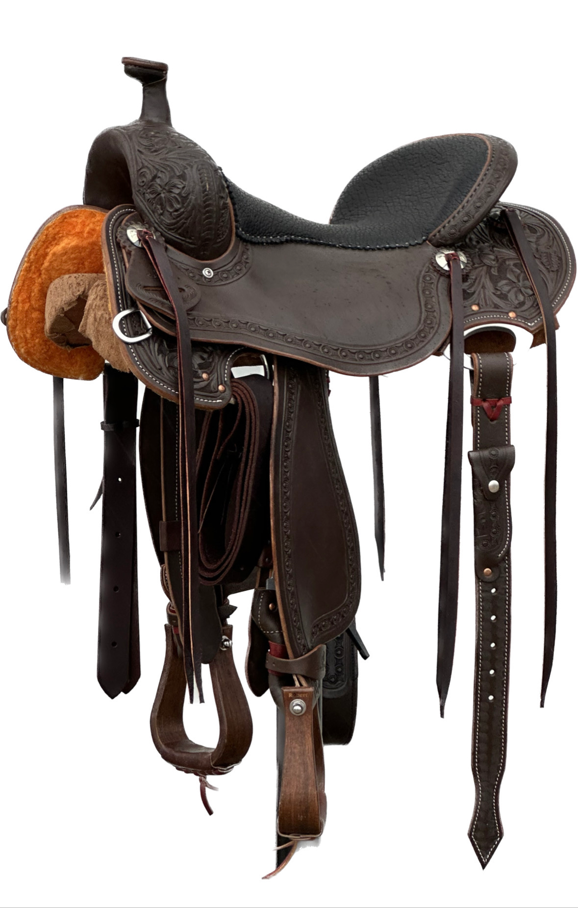 Stuart Rybak Ultra Light CowHorse Saddle with a 15- inch Padded Textured Black Seat in Dark Oil Finish