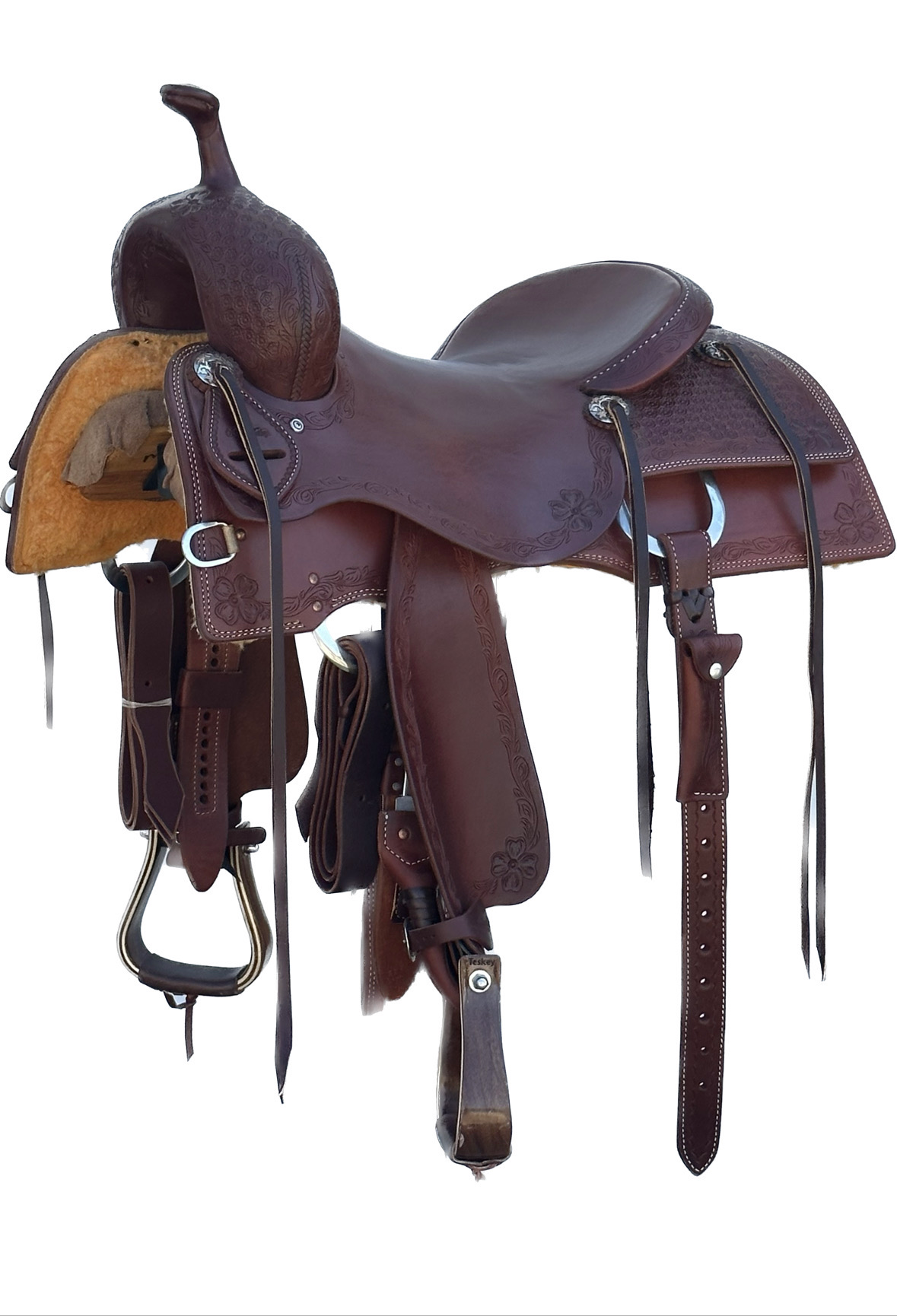 Robert Teskey Elite Cutting Horse Saddle with a 17- inch Slick Out Seat Blossoms with Foliage Border 040825