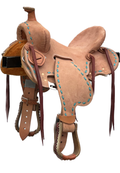 Robert Teskey Saddlery Kid’s Saddle with a 12- inch Rough Out Seat and Turquoise Buck Stitch 041925