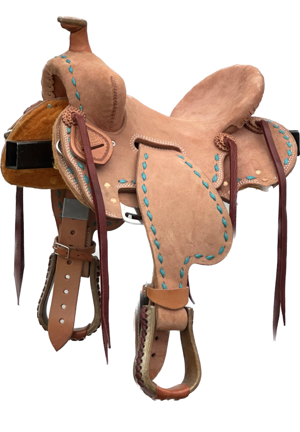 Robert Teskey Saddlery Kid’s Saddle with a 12- inch Rough Out Seat and Turquoise Buck Stitch 041925