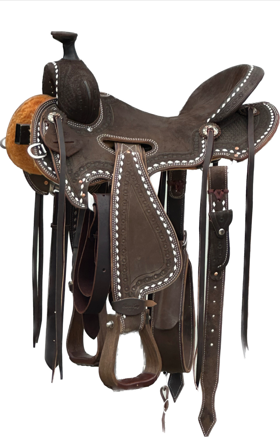 Robert Teskey Elite Will James Saddle with a 16- inch Rough Out Seat in Basket Weave with Blossom Tooled & White Buck Stitch Border in Dark Oil Finish 041925