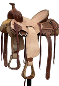 Heart O Texas Kid’s Saddle with a 14- inch Rough Out Seat Interlace Tooled in Medium Finish