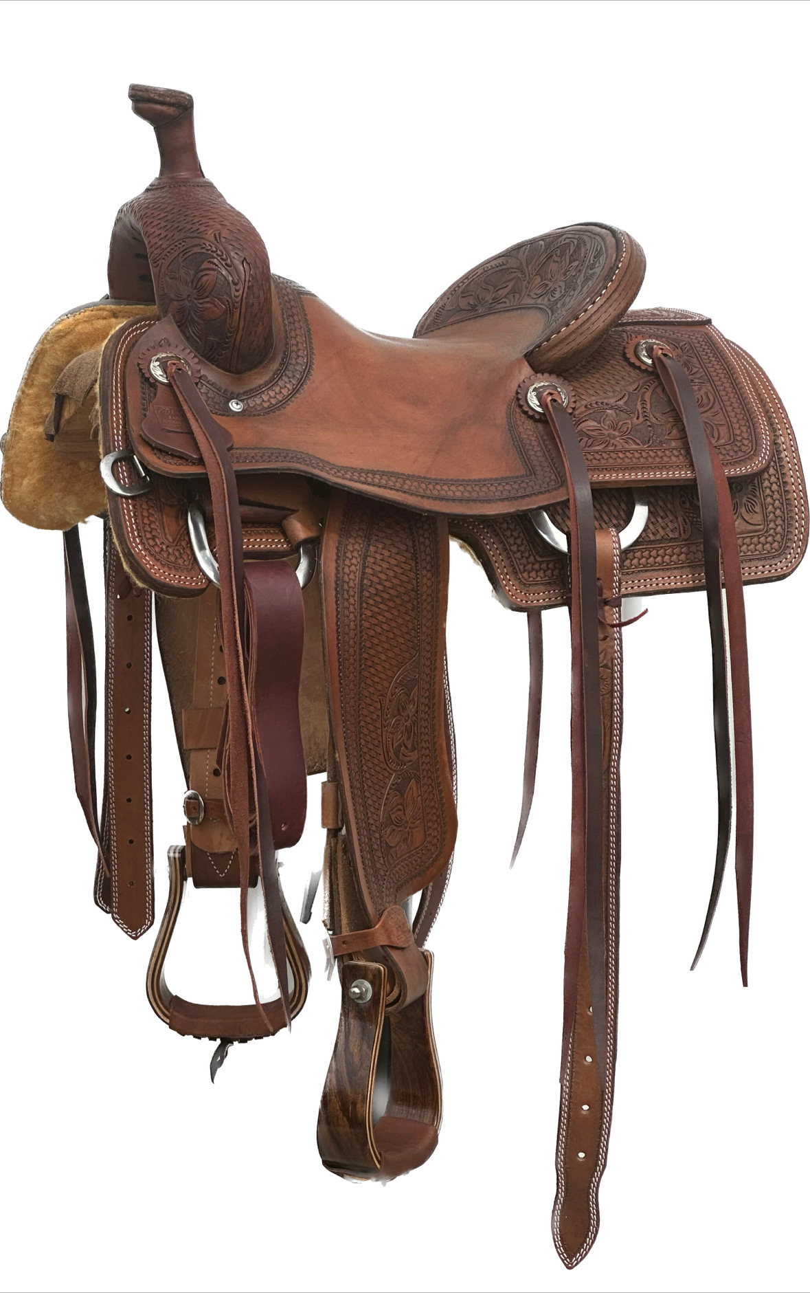 Robert Teskey Western Ranch Cutting Horse Saddle with a 14- inch Slick Out Seat in Medium Finish Tooled in Floral and Basket Weave with Interlace Border 050825